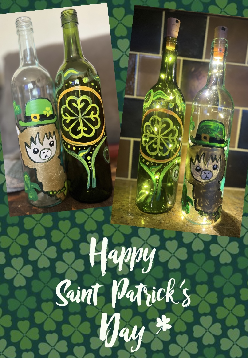 St. Patrick’s Day Wine Bottle Lamps with Alpacas